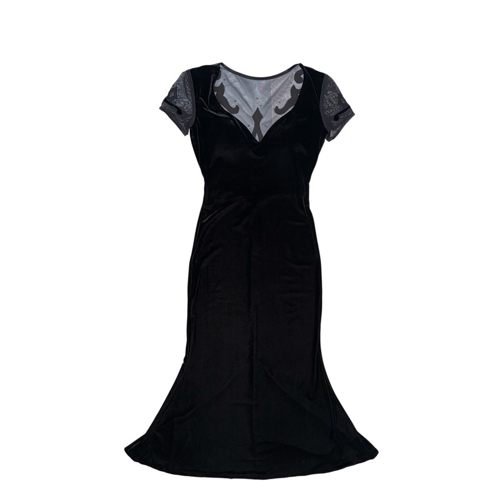 Cache Black Velvet Maxi Dress Mesh Jewel Back Sweetheart Neckline Size 4 VTG 90s